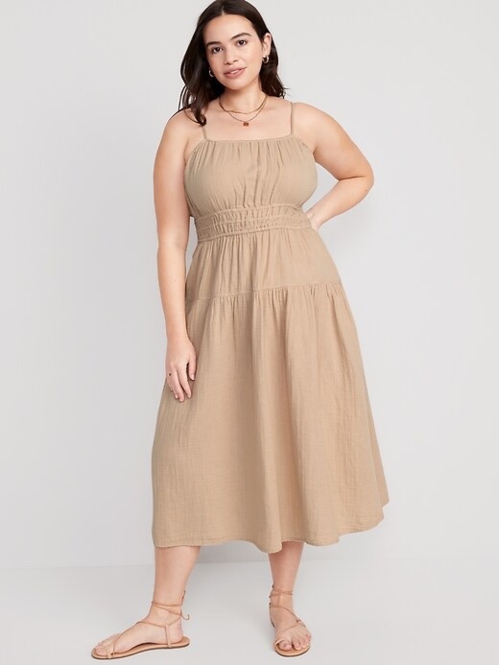 Old Navy Sz L Waist-Defined Smocked Tiered Midi Cami Dress Tan 100% Cotton